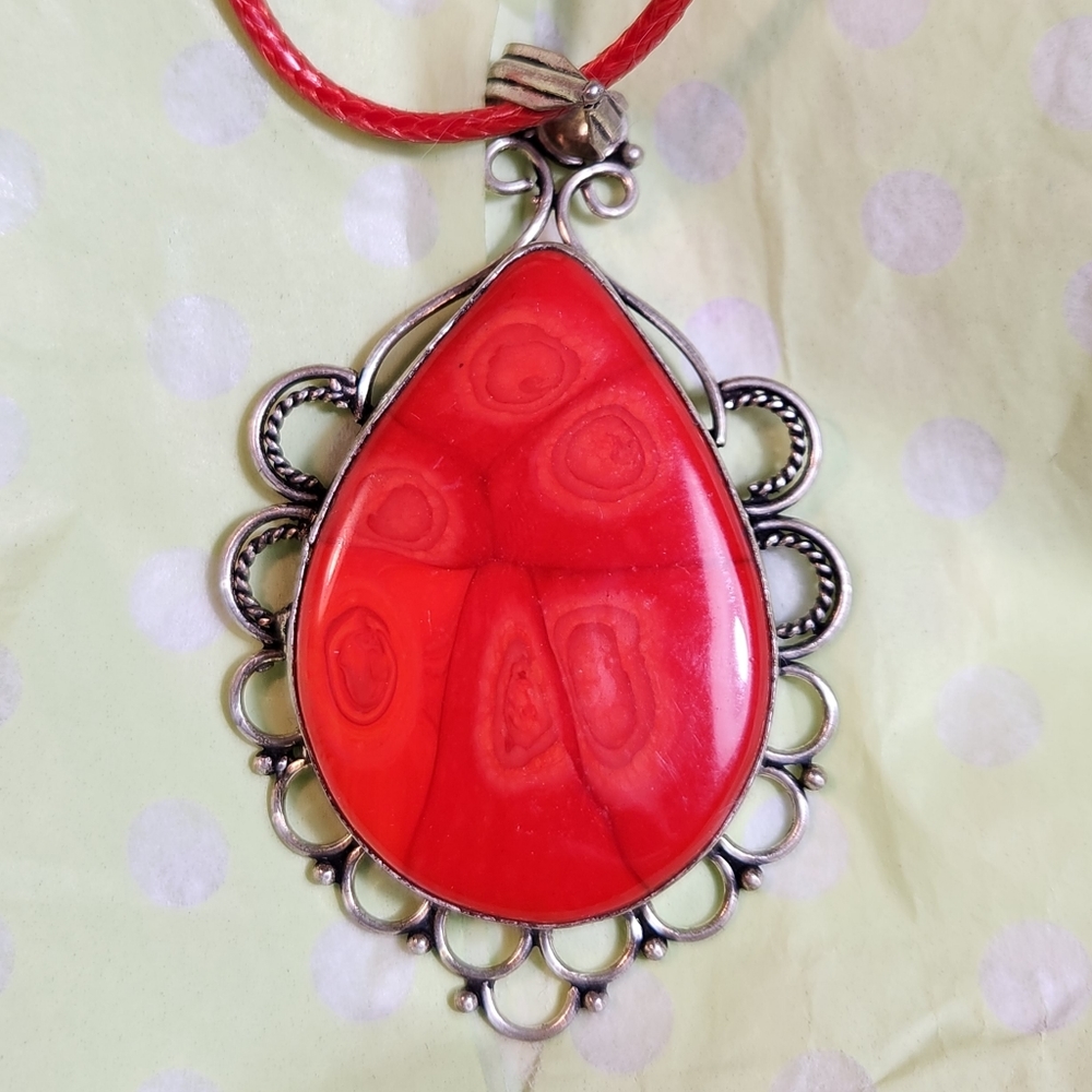 Esquisite, Vivid Red, Teardrop-Shape Fossil Coral Pendnt. Has A Victorian-Style